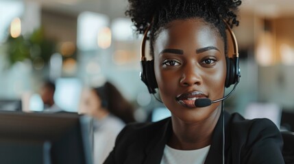 Call center agent with headset working on support hotline in modern office. Portrait of beautiful African American young woman in conversation looking at camera. AI Generated