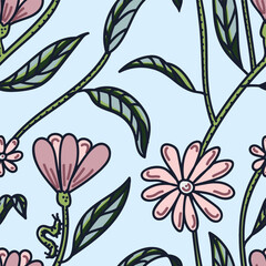 Tender pink flower vector pattern, handdrawn illustration of tender pink flower pattern on light blue background with green leaves and tiny caterpillar