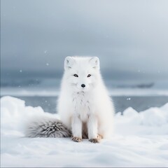 11. Arctic fox in a snowy landscape, camouflaged by white fur, alert and looking directly at the camera, cold and crisp environment.