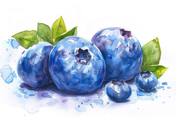 A watercolor illustration of plump and juicy blueberries with vibrant green leaves and splashes of watercolor, presenting an artistic portrayal of the delicious berry - obrazy, fototapety, plakaty