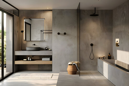 Contemporary modern bathroom interior in grey colors, concrete and marble elements. - Powered by Adobe