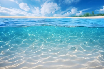 Crystal clear waters and white sand beach under a sunny blue sky