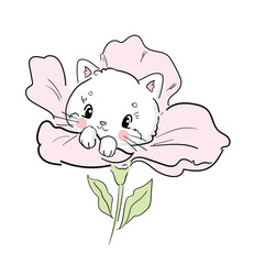 Hand Drawn Cute Cat flower vector Sketch, Print Design, children print on t-shirt.