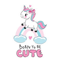 Hand Drawn cute unicorn and rainbow Dream Big sketch style kids print Vector Illustration