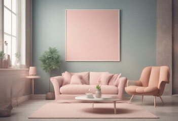 Blank mock up poster in lounge hipster room pastel colored 3d render 3d illustration