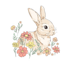 Hand Drawn Cute Bunny and wild flowers vector, design rabbit, kids print