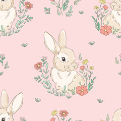 Hand Drawn Cute Rabbits and Flower background vector seamless, Little Bunny pattern Kids print. - obrazy, fototapety, plakaty