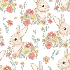 Hand Drawn Cute Rabbits and Flower background vector seamless, Little Bunny pattern Kids print. - obrazy, fototapety, plakaty