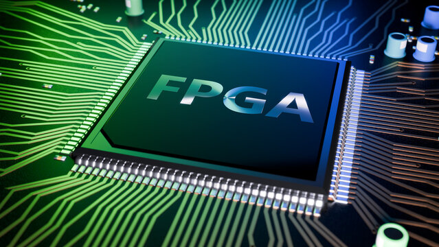 3d render of an FPGA chip with the letters "FPGA" on top of it. FPGA is the commonly used acronym for Field Programmable Gate Array.