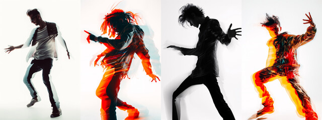 Dynamic silhouettes of four dancers against a white background captured in mid-movement