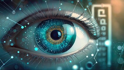 an ai illustration of an eye with technological dots in the iris and an eye chart in front
