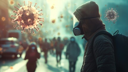 Man in a gas mask on the background of the street. Pandemic concept