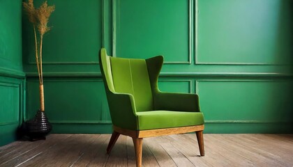 a green chair made of wood is placed in front of a green wall in the house the flooring is a...