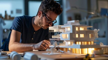 In a brightly lit studio an architectural artisan is seen hunched over a small model of a building carefully sculpting every tiny detail with the utmost precision and skill. .