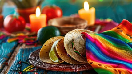 Mexican party concept, hats, poncho, fruits and candles on the table. Cinco de Mayo holiday celebration. AI Generated 