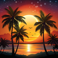 free vector summer background with sunset and palm