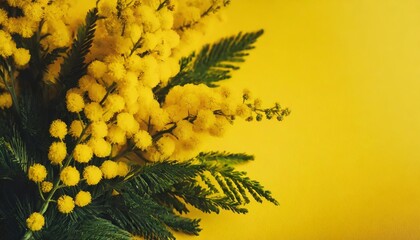 mimosa fresh flowers on yellow background copy space 8 march day background mimose is traditional flowers for international womans day 8 of march copy space