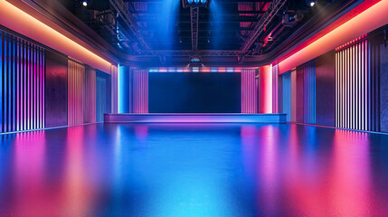 Colorful shiny dance floor illuminated with led lights, shining lights, large stage with screen.