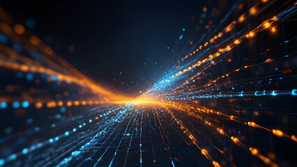 Obraz premium Internet data transmitting, Digital background, A great quantity of glowing joint connected 3 dimension Dots, Cybernetic, Dreamscape, Only Glowing Orange and blue, Black color empty space and backgrou