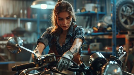 Fototapeta na wymiar female mechanic fixing a motorcycle with oil in her arms in high resolution and high quality hd