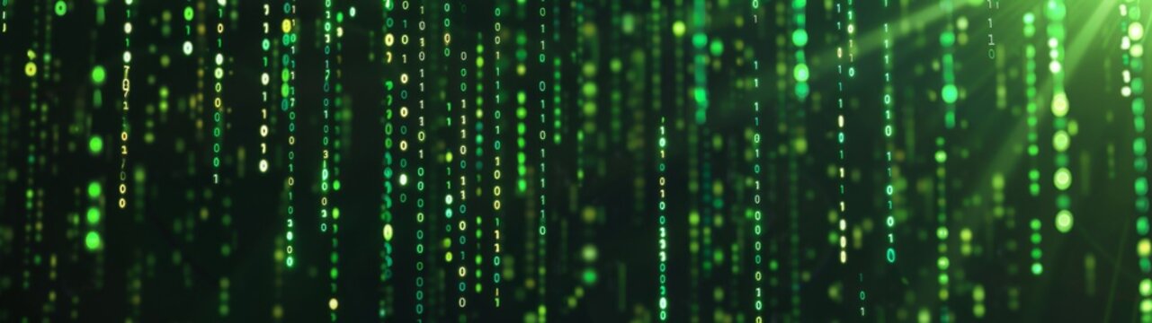A background of green binary code falling from top to bottom on black Generative AI