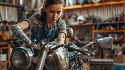 Fototapeta na wymiar Mechanic woman fixing a motorcycle with oil on her arms in high resolution and high quality. mechanical concept