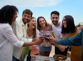 Gathering of smiling young friends toasting glasses wine standing celebrating a event on terrace. Diverse people drinking alcoholic beverages at lunch enjoying weekend and leisure time outdoor