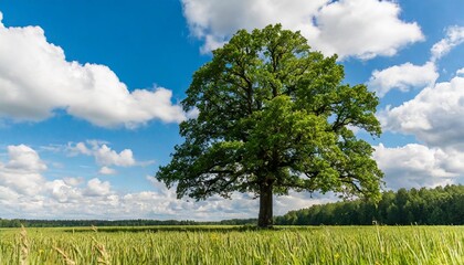 Fototapeta na wymiar majestic oak tree stands tall in vast summer field amidst lush greenery