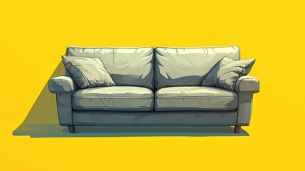 A vivid 2d illustration of a cartoon lifelike gray sofa casting a shadow set against a bright yellow background