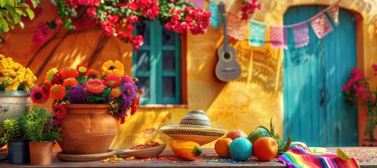 Cinco de mayo concept. Flowers, hat, guitar with bright house at the background. AI Generated