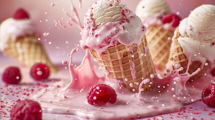 Ice cream cones of Scoop of Vanilla Raspberry Ripple Ice Cream with Fresh Ingredients on pink...