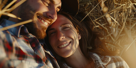 Young couple in love smiling lying in the hayloft in the summer. Romance of rural dating in the countryside.