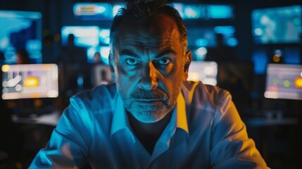 A dramatic portrait of the director staring intently at a monitor illuminated by the soft glow of monitors and digital displays. In the background a team of assistants and technicians . - obrazy, fototapety, plakaty