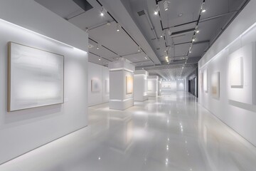 Pristine Art Display Interior with Pearl White Walls, Featuring Minimalist Artwork, With Space for Text, under Crystal Clear Lighting