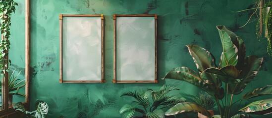 Two frames hang on green wall in plantfilled room, displaying art