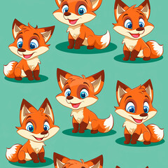 Seamless pattern of charming cartoon foxes with a friendly smile - obrazy, fototapety, plakaty
