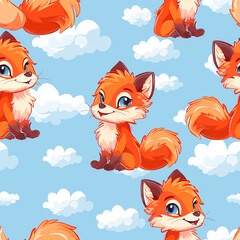 Fototapeta premium Seamless design with whimsical red foxes amongst fluffy clouds on a blue sky.