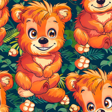 Seamless pattern with cute orange animals amidst lush green foliage.