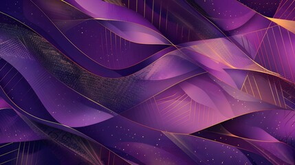 Design a geometrically layered and abstract background in varying shades of purple, featuring a blend of gold elements to create a sophisticated and visually appealing composition - obrazy, fototapety, plakaty