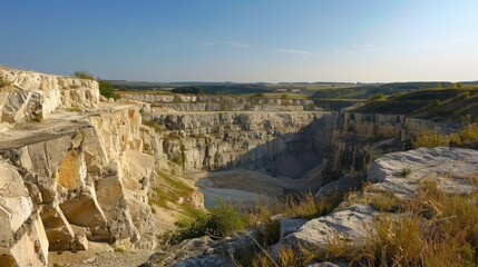 Fototapeta na wymiar A picturesque limestone quarry sits beneath the vast expanse of a clear blue sky