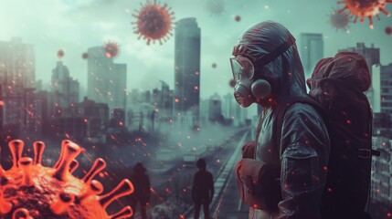 Man in gas mask and respirator against the background of the city. Pandemic concept
