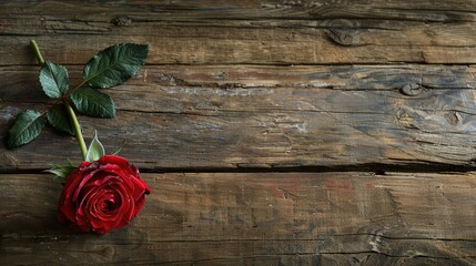 A single crimson rose elegantly graces the rustic wooden table perfectly complementing the background