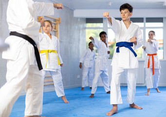 Group of boys and girls in kimonos train karate techniques in studio..