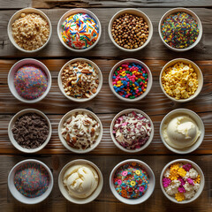 Assorted ice cream toppings, Overhead view of small bowls filled with various toppings like chopped nuts, rainbow sprinkles, and chocolate shavings, on a rustic wooden table