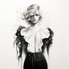 Fototapeta premium Image of a girl bride in black and white colours in watercolour painting style. 