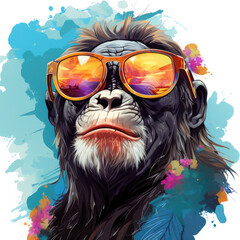 Watercolor Bonobo wearing sunglasses, clipart Illustration, Generative Ai