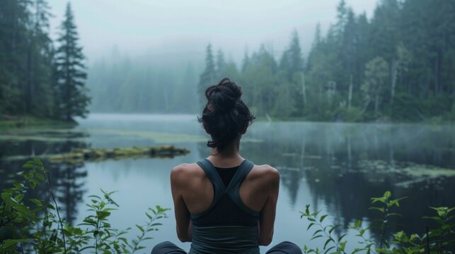 A woman in a yoga pose back turned to the camera as gazes out at the serene lake and surrounding forest. . .