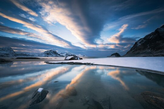 Coastal landscape in winter, sunset, Haukland Beach, Lofoten, Norway, Europe