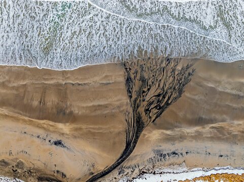 Aerial view of beach and sea, waves, spray, coast, river, Senja, Troms, Norway, Europe