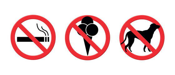 no smoking, no eating, no dogs prohibited signs isolated on white background, red forbidden circle vector stickers for public area